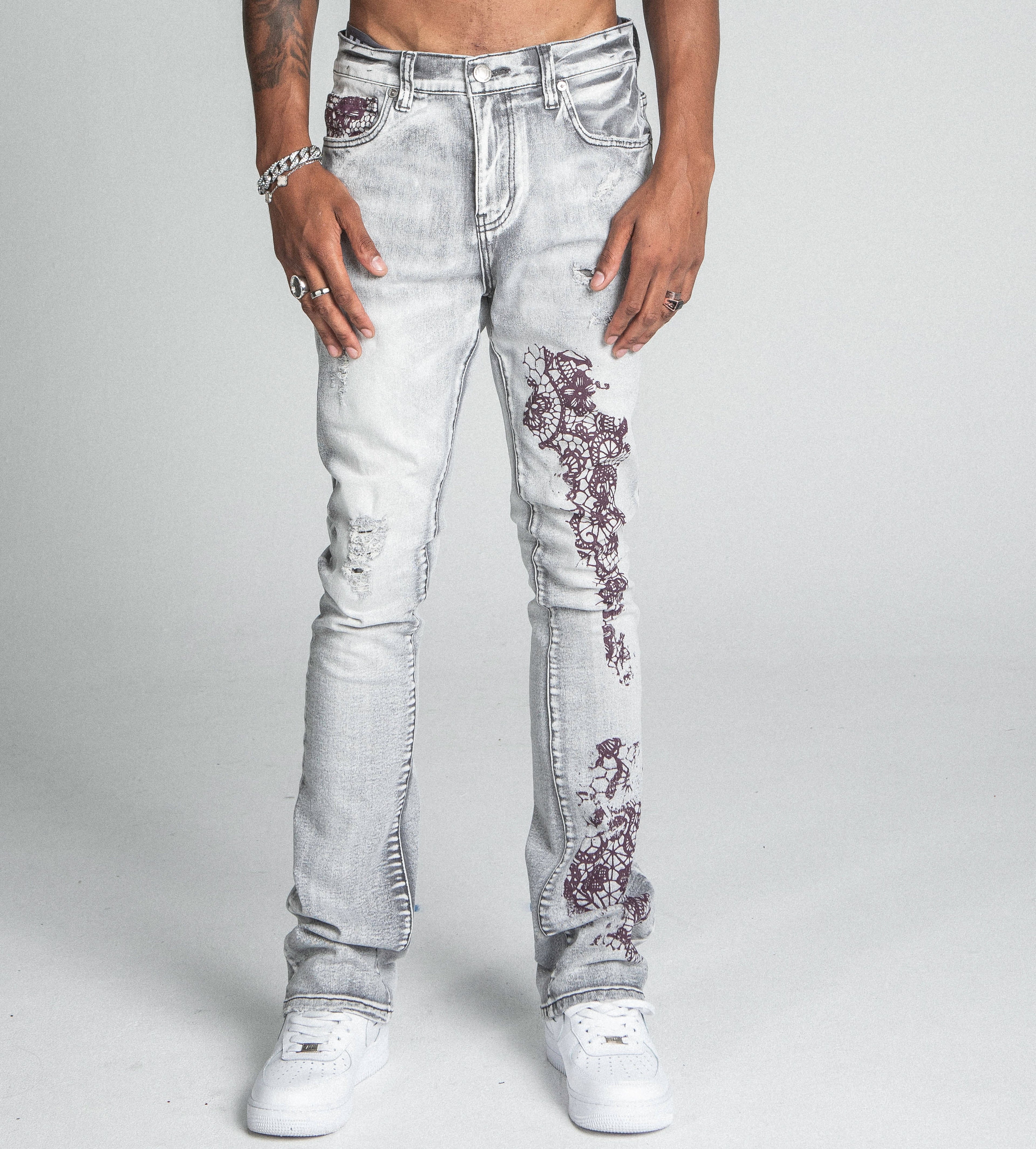 AJ27SK LACE FADED WASH STACKED JEANS