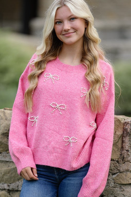Pearl bow knit sweater