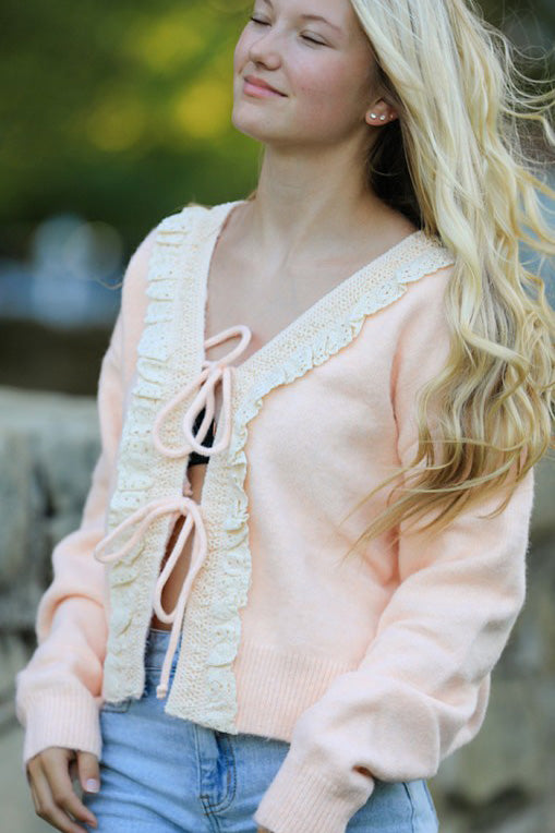 Front tie ruffled trim Cardigan