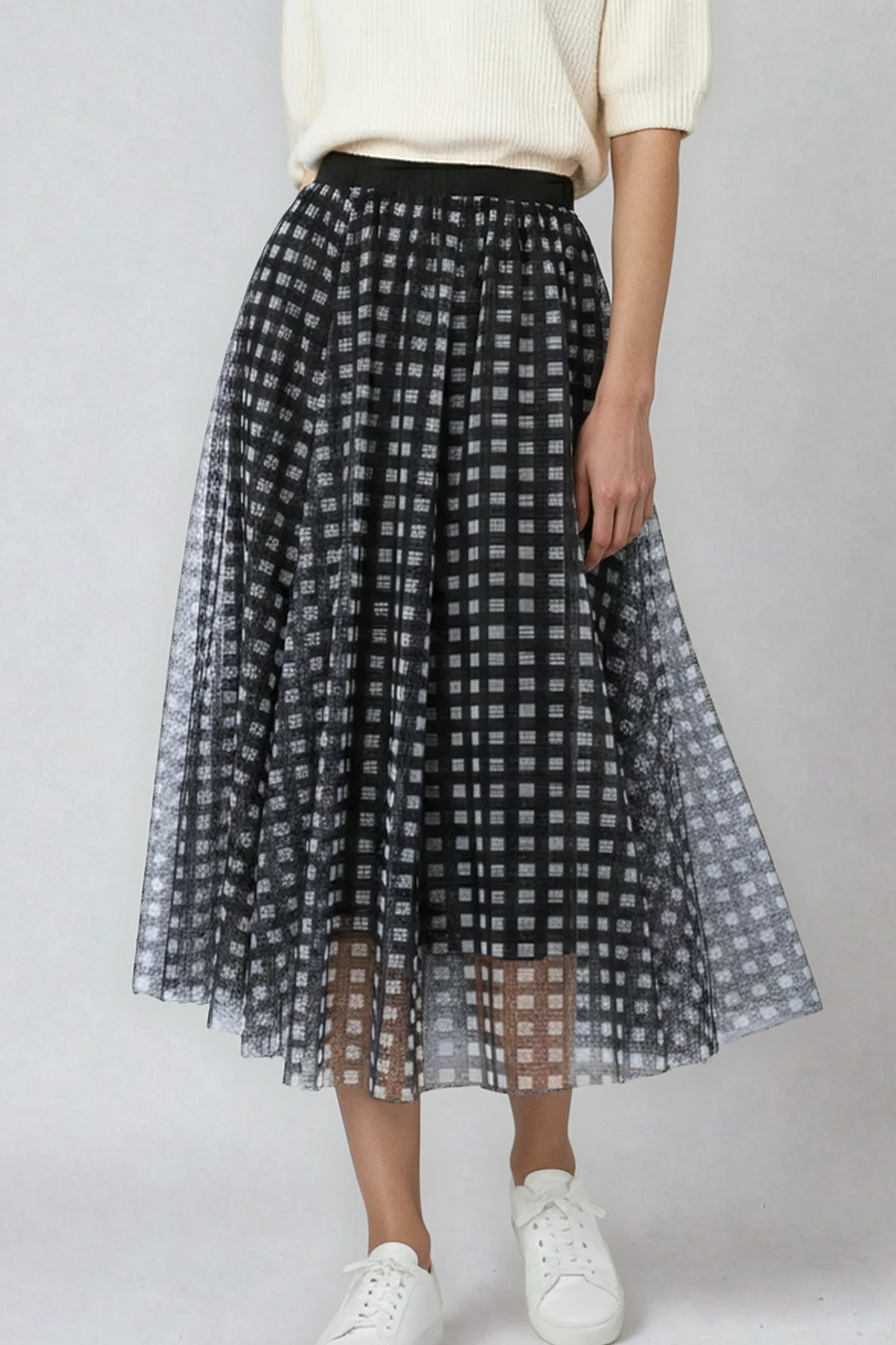 Plaid Tulle Midi Skirt