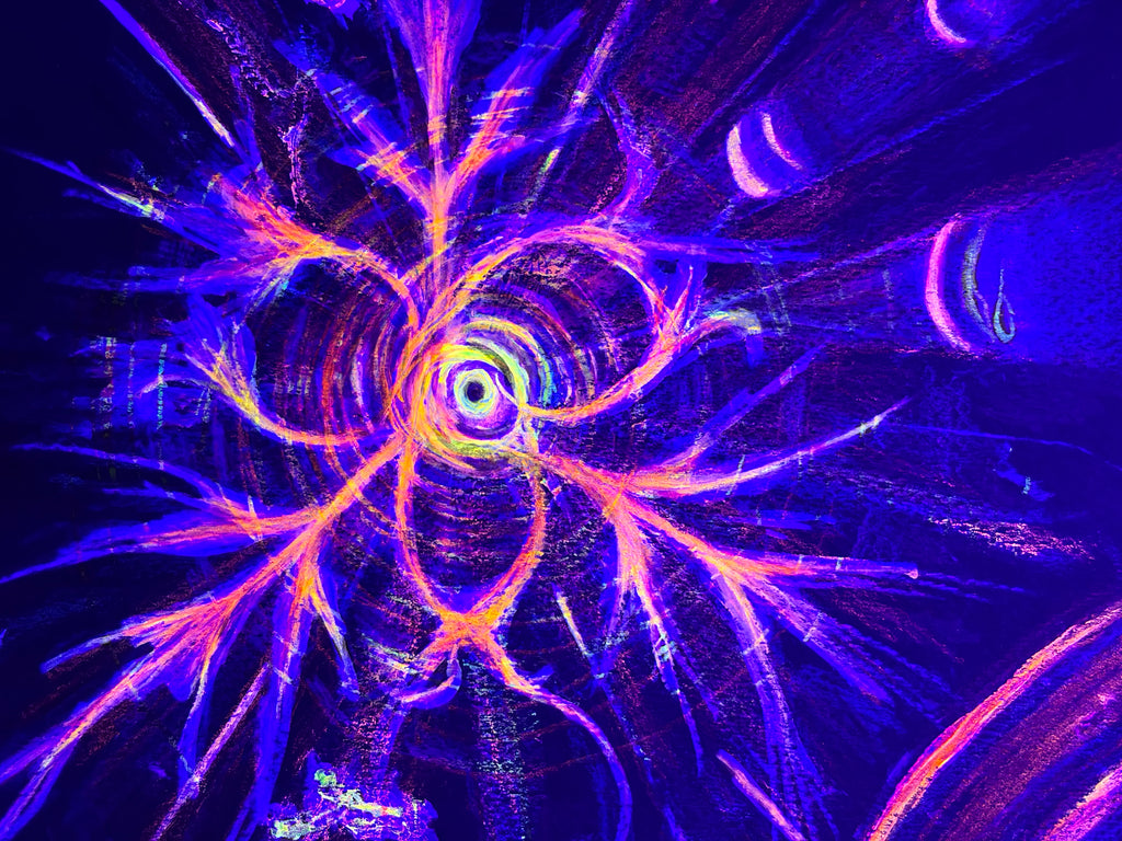 Vibrant abstract design with purple, orange, and blue colors on a dark background
