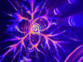 Vibrant abstract design with purple, orange, and blue colors on a dark background