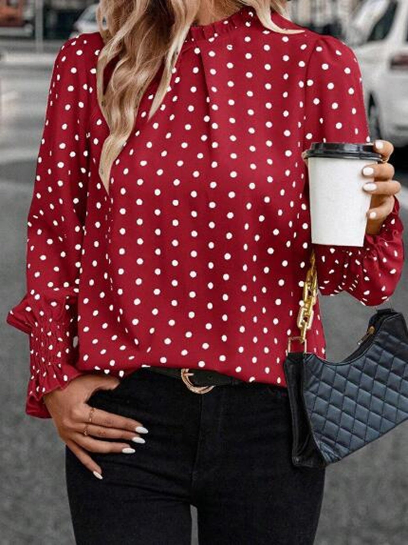 Polka Dot Print Lantern Sleeve Blouse