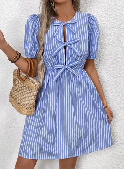 Miss Sparkling Bow Detail Keyhole Neck Puff Sleeve  Mini Dress